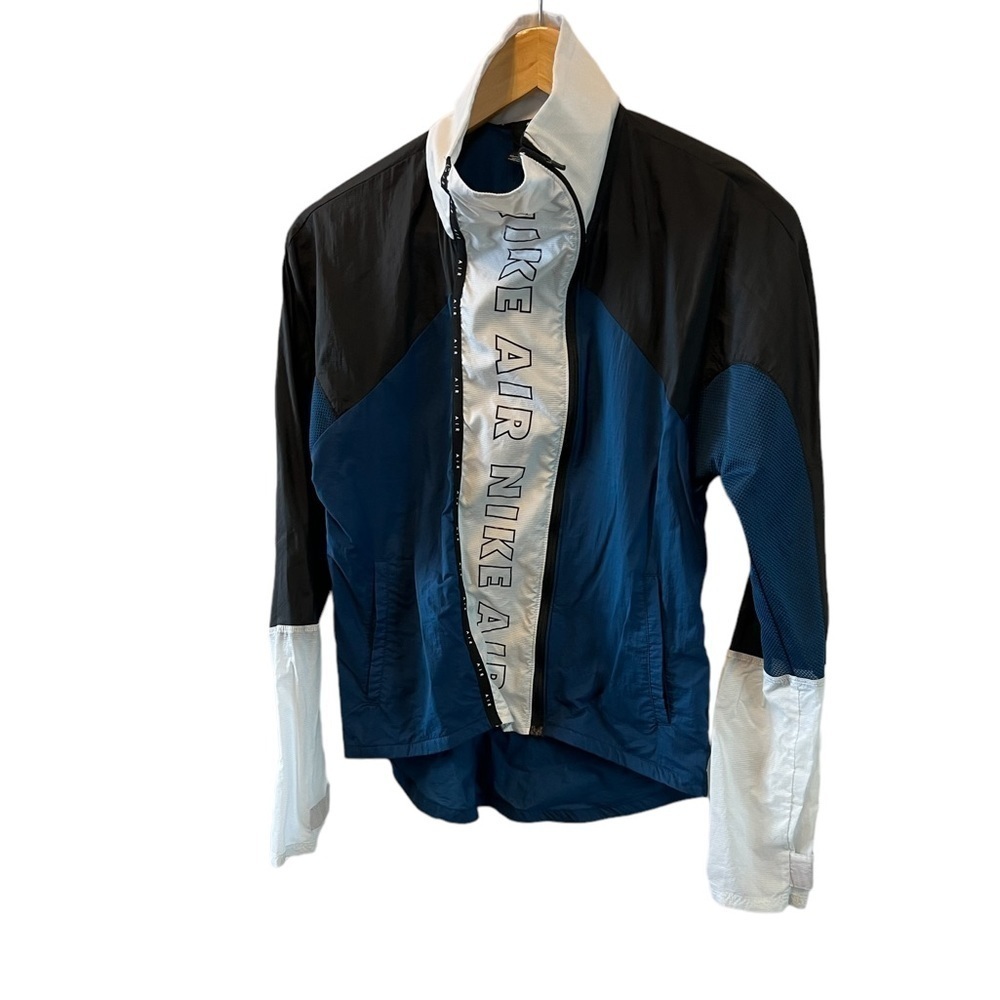 NIKE AIR Blue & White Asymmetrical Zip Lightweight High Neck Windbreaker Jacket